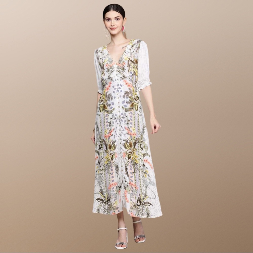 Label Ritu Kumar Floral Crepe Maxi Dress Cottagecore  Romantic Victorian Boho